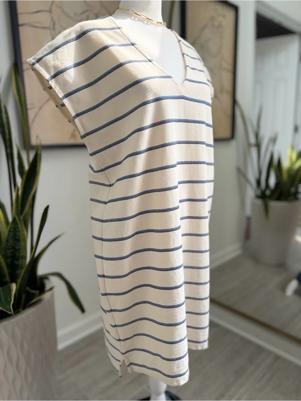 Madewell Womens M Striped Shift Dress Navy Ivory V Neck Sleeveless Coastal